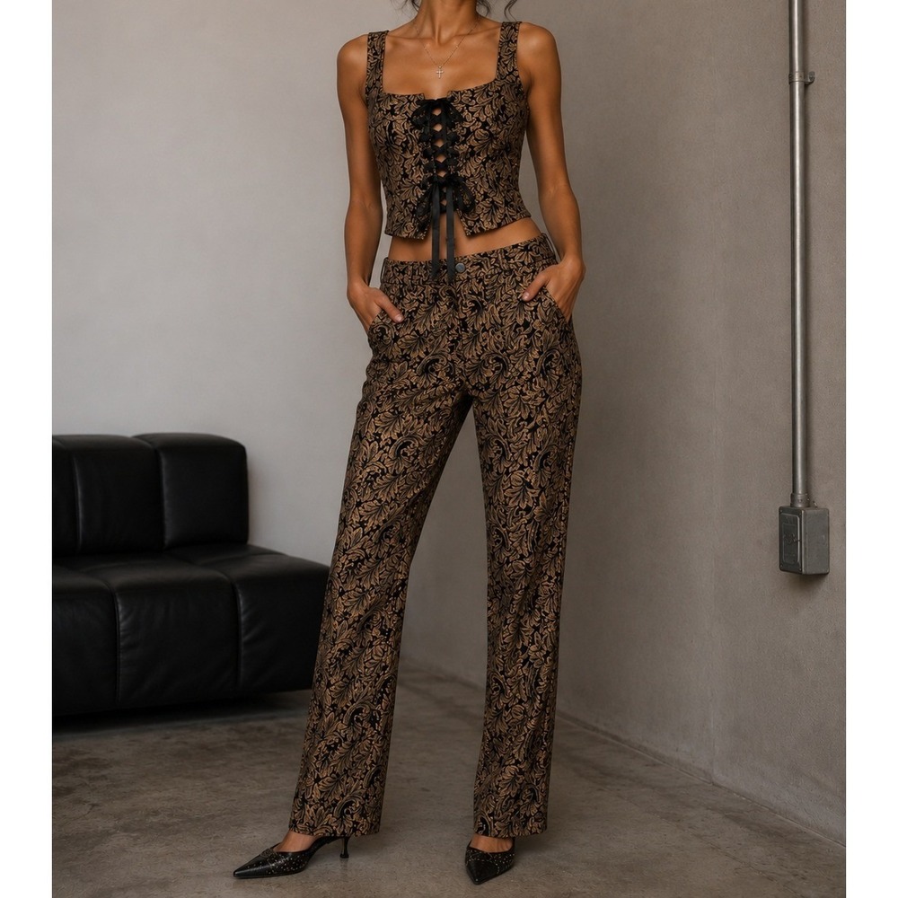 BOKAOS Black Gold Damask Brocade 2 Piece Set Lace Up Corset Top and Pants Women